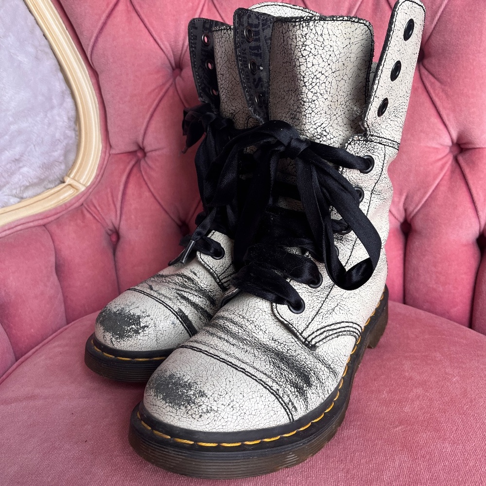 Doc Martens. Aimilita Cristal Suede 9 Eye Boot White. Ladies size 10.